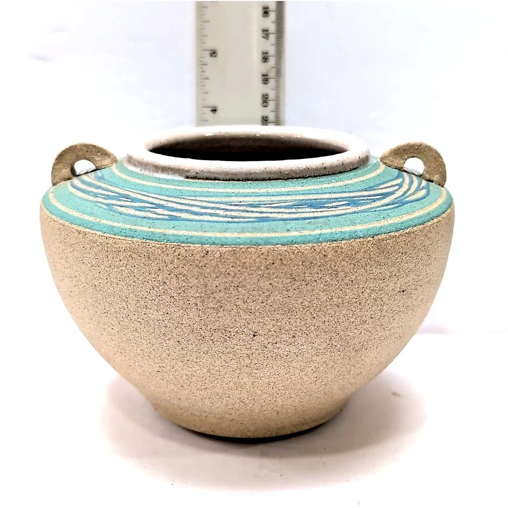 Studio Pottery Handmade Vase‎ Handles Turquoise Blue Wave Glaze Beige Stoneware